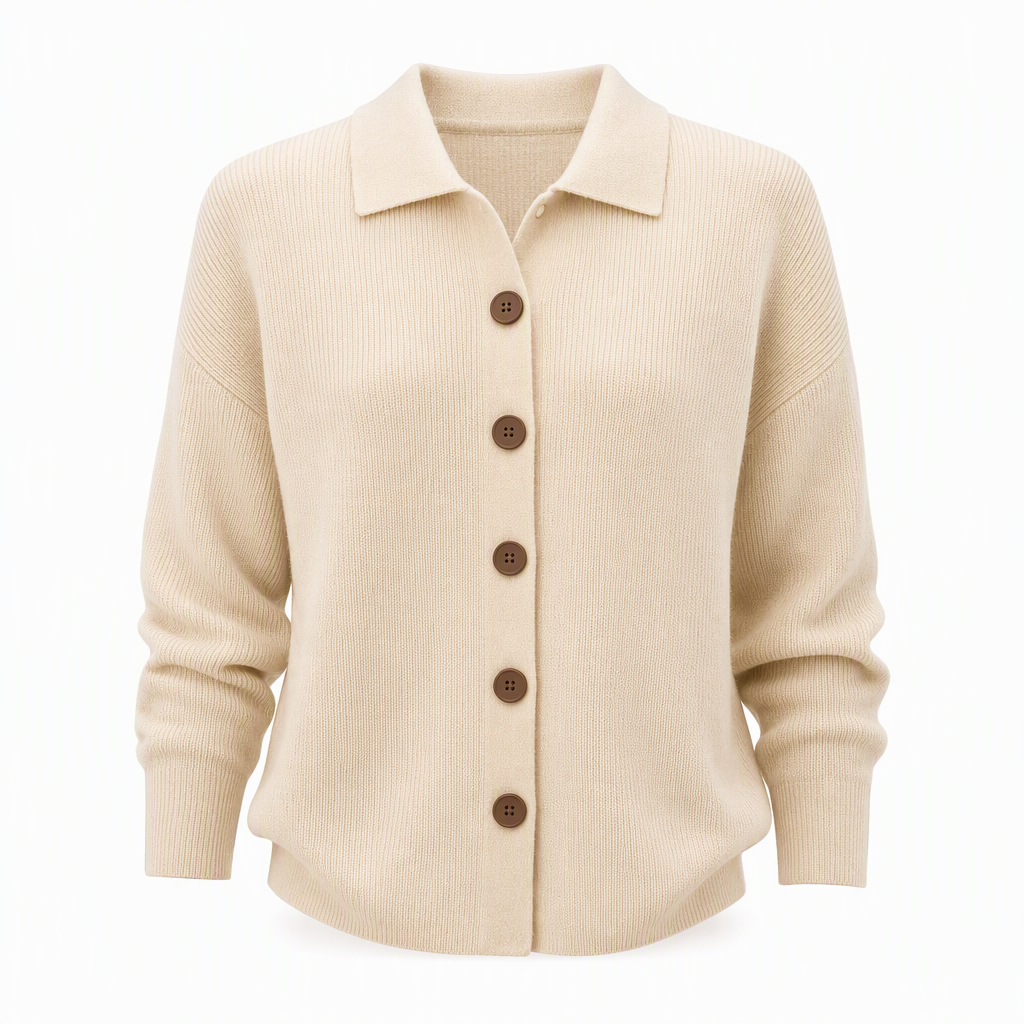 Nora Damen Strickjacke mit Umlegekragen und Knopfleiste – Aprikose
