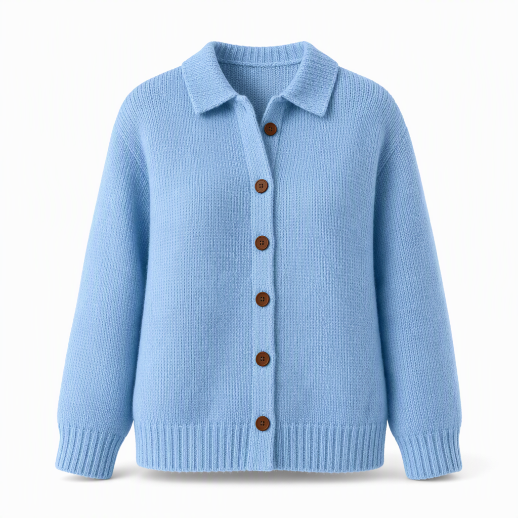 Nora Damen Strickjacke mit Umlegekragen und Knopfleiste – Himmelblau