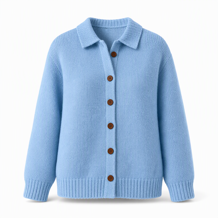 Nora Damen Strickjacke mit Umlegekragen und Knopfleiste – Himmelblau