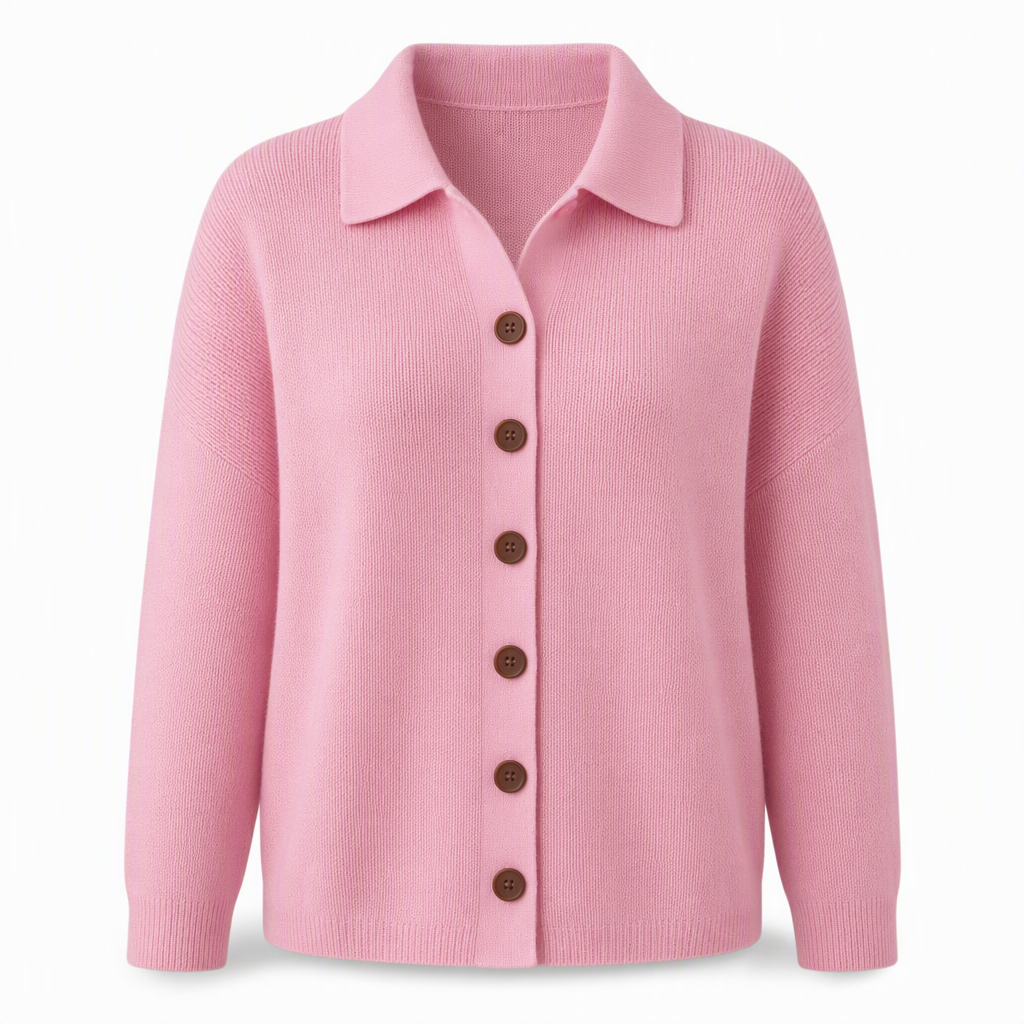 Nora Damen Strickjacke mit Umlegekragen und Knopfleiste – Rosa