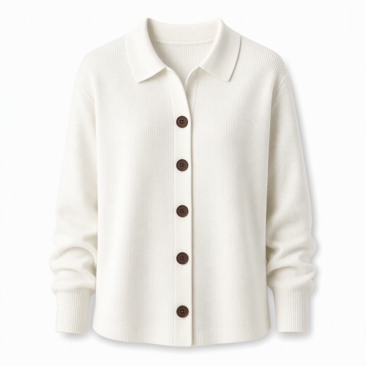 Nora Damen Strickjacke mit Umlegekragen und Knopfleiste – Weiß