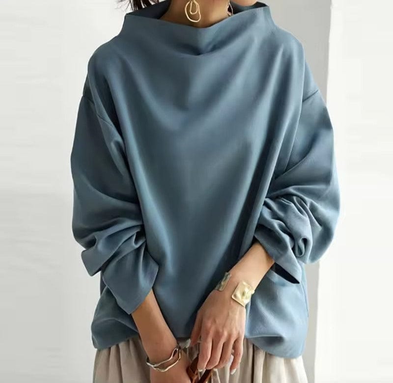 Okka Damen Strickpullover mit Stehkragen und überschnittenen Schultern – Blau