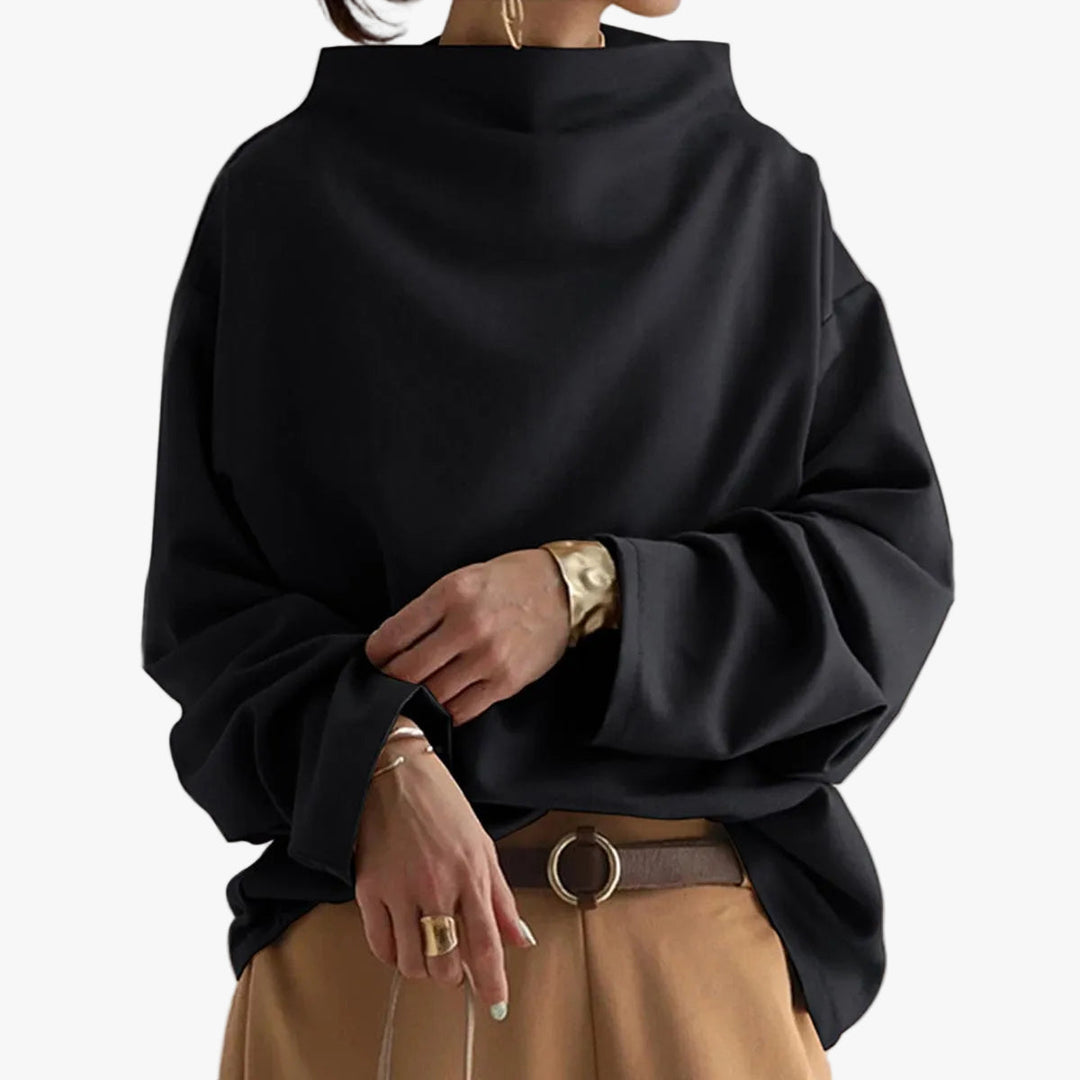 Okka Damen Strickpullover mit Stehkragen und überschnittenen Schultern – Schwarz