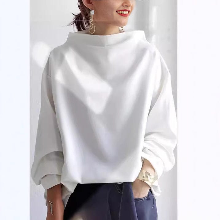 Okka Damen Strickpullover mit Stehkragen und überschnittenen Schultern – Weiß