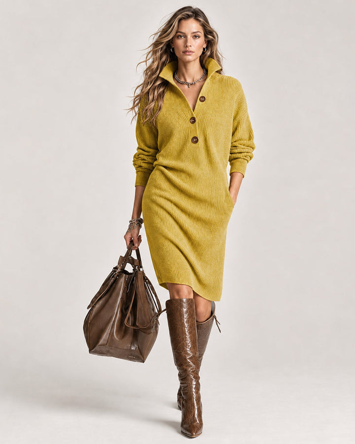 Paula Damen Langarm Strickkleid mit Stehkragen und Seitenschlitz – Gelb