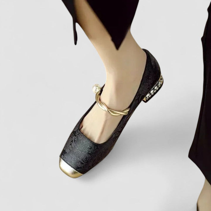 Pumps Damen mit Eckiger Zehenpartie Spannriemen und Blockabsatz