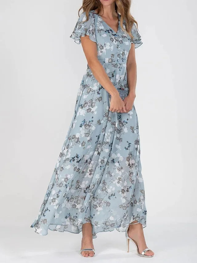 Reinhild Damen Maxikleid mit Blumenmuster, V-Ausschnitt und Flatterärmeln – Blau