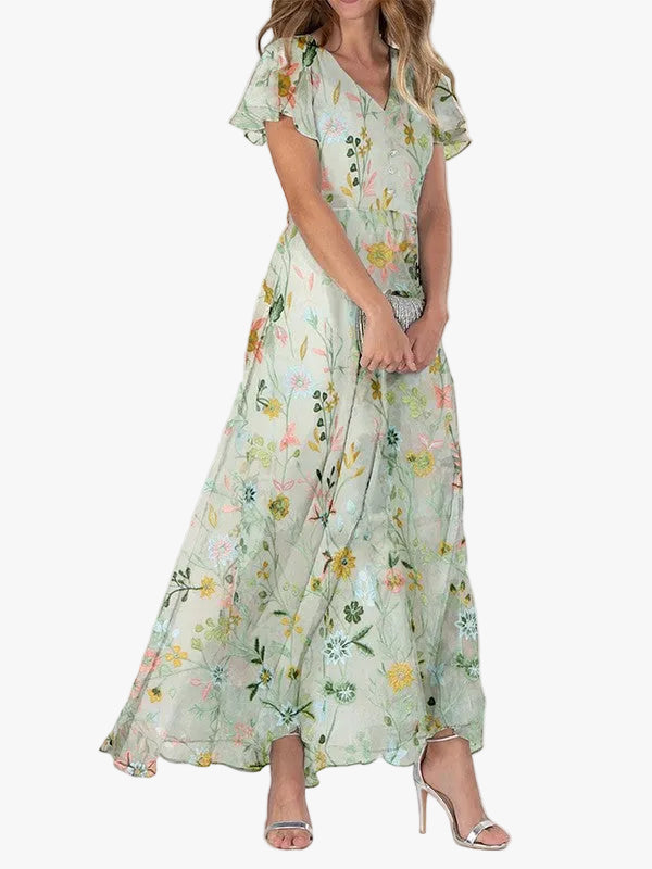 Reinhild Damen Maxikleid mit Blumenmuster, V-Ausschnitt und Flatterärmeln