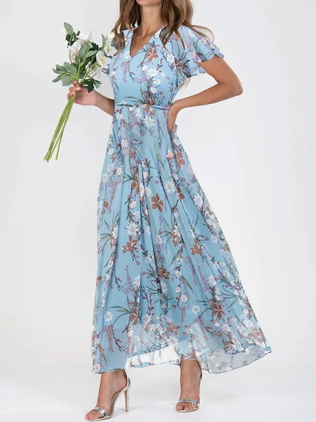 Reinhild Damen Maxikleid mit Blumenmuster, V-Ausschnitt und Flatterärmeln – Hellblau