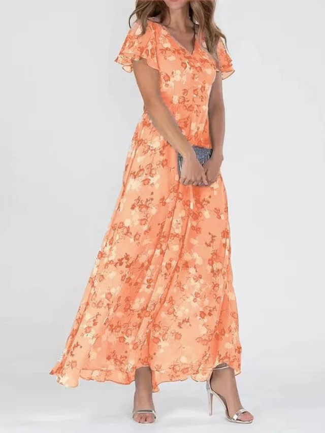 Reinhild Damen Maxikleid mit Blumenmuster, V-Ausschnitt und Flatterärmeln – Orange
