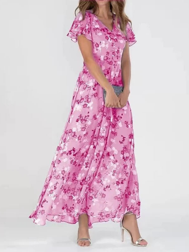 Reinhild Damen Maxikleid mit Blumenmuster, V-Ausschnitt und Flatterärmeln – Rosa