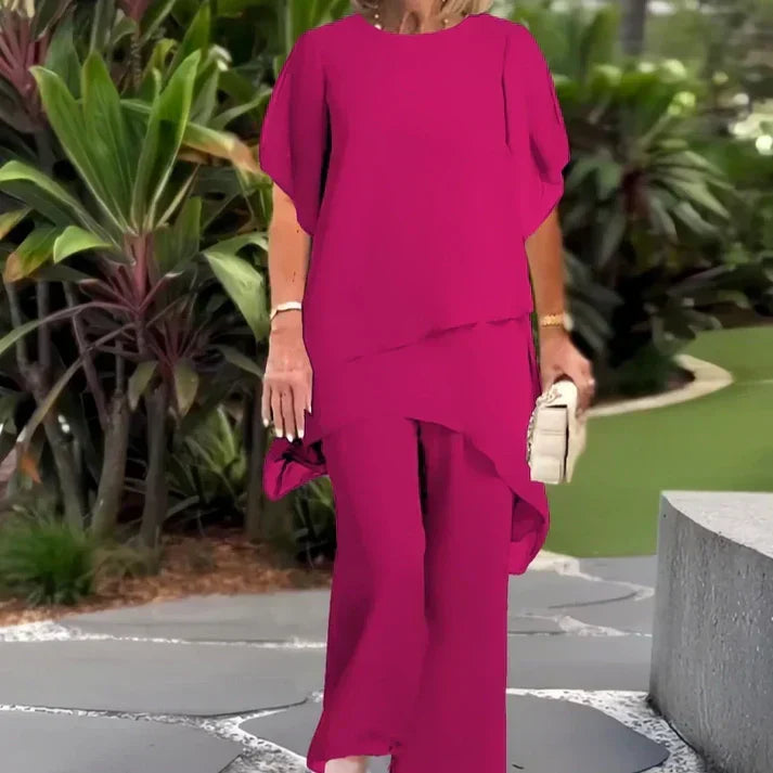 Rieke Damen Zweiteiler mit asymmetrischem Lagentop und weiter Hose Altrosa