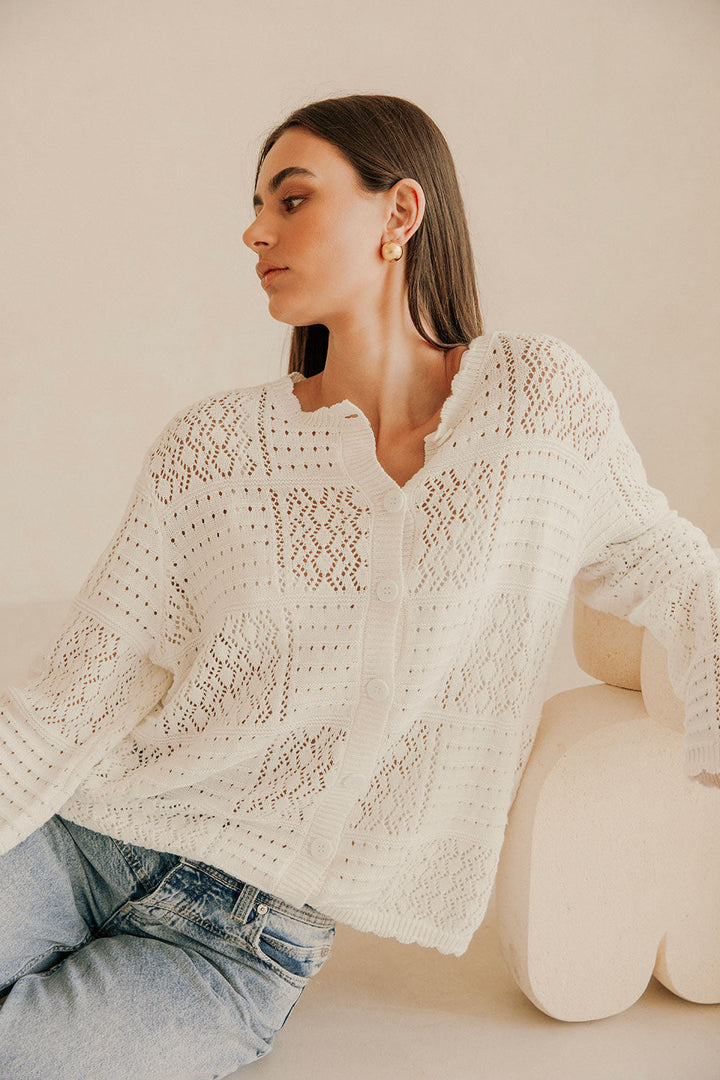 Rieke Damen Ajour-Strickpullover mit Knopfleiste und Bogenkante