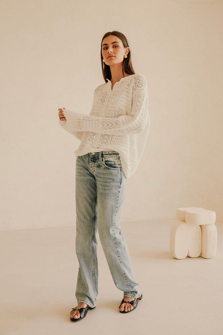 Rieke Damen Ajour-Strickpullover mit Knopfleiste und Bogenkante