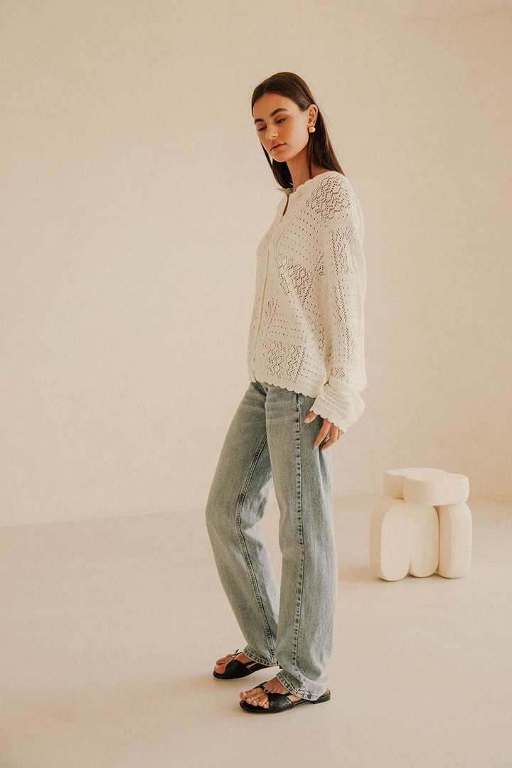Rieke Damen Ajour-Strickpullover mit Knopfleiste und Bogenkante