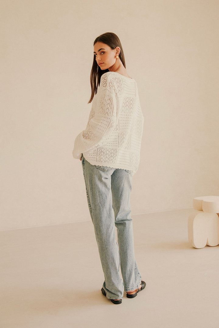 Rieke Damen Ajour-Strickpullover mit Knopfleiste und Bogenkante