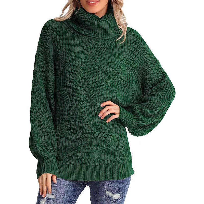 Romy Damen Oversize-Rollkragenpullover mit Ballonärmeln – Dunkelgrün