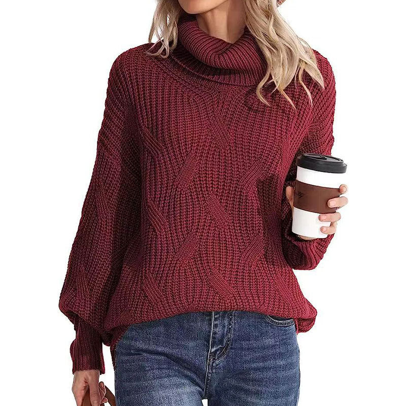 Romy Damen Oversize-Rollkragenpullover mit Ballonärmeln – Weinrot