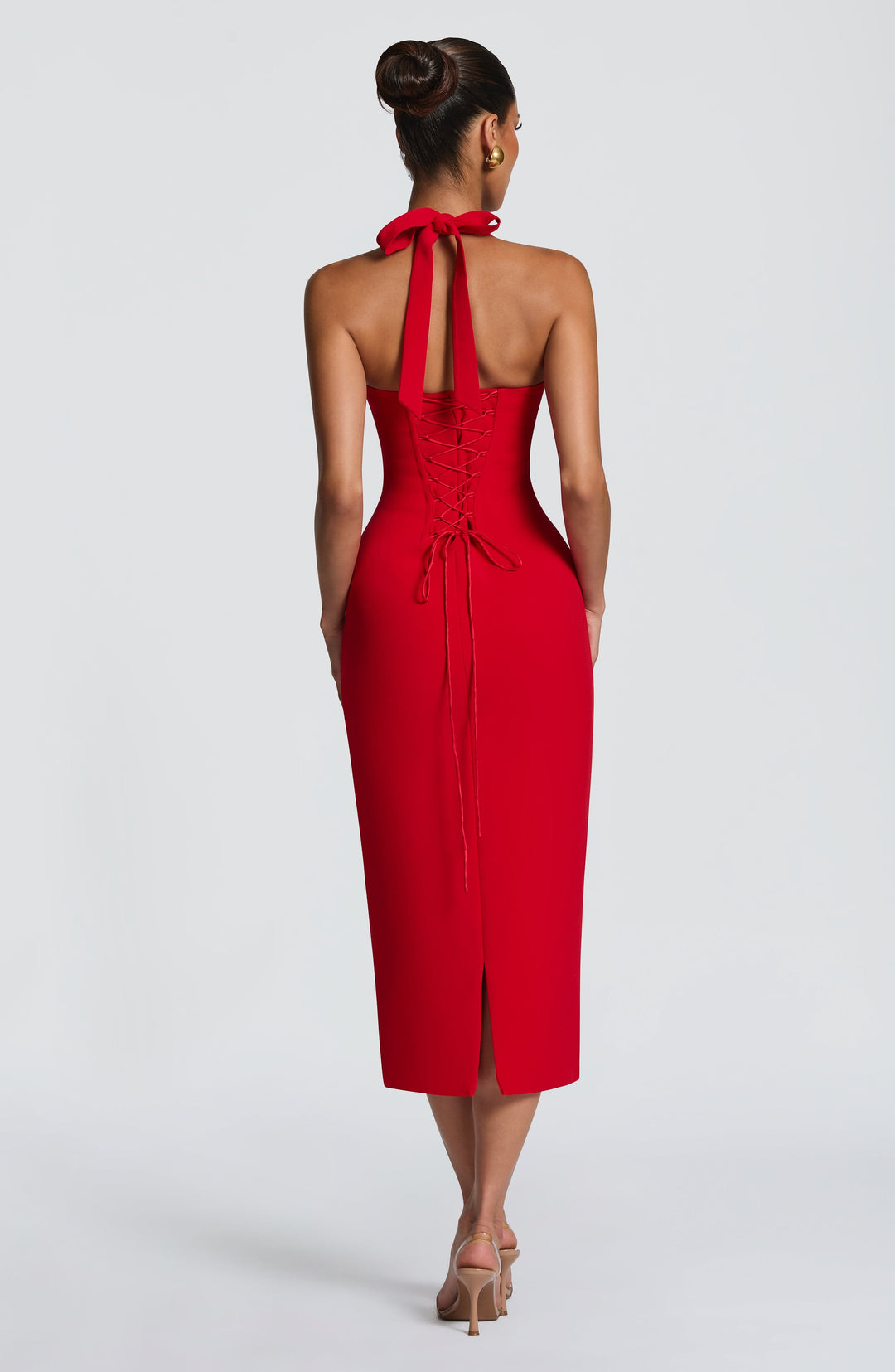 Romy Neckholder-Midikleid – Bleistiftschnitt mit Schnürung am Rücken