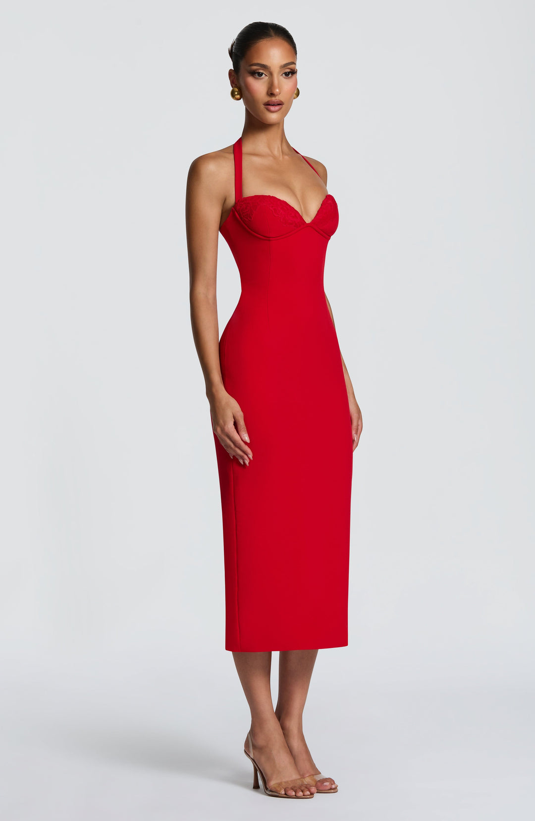 Romy Neckholder-Midikleid – Bleistiftschnitt mit Schnürung am Rücken