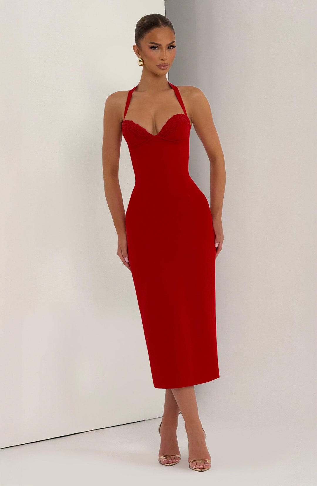 Romy Neckholder-Midikleid – Bleistiftschnitt mit Schnürung am Rücken
