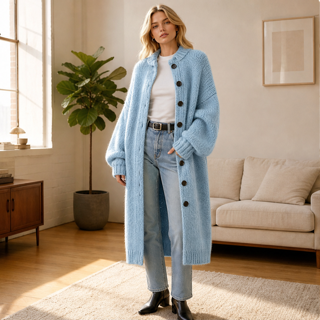 Ronja Damen Lange Oversize-Strickjacke mit Grobstrick und Knopfleiste