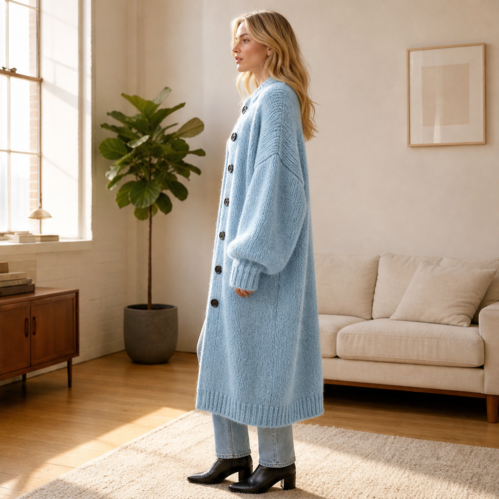 Ronja Damen Lange Oversize-Strickjacke mit Grobstrick und Knopfleiste