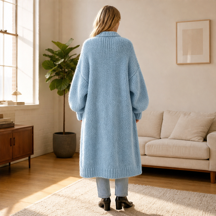 Ronja Damen Lange Oversize-Strickjacke mit Grobstrick und Knopfleiste