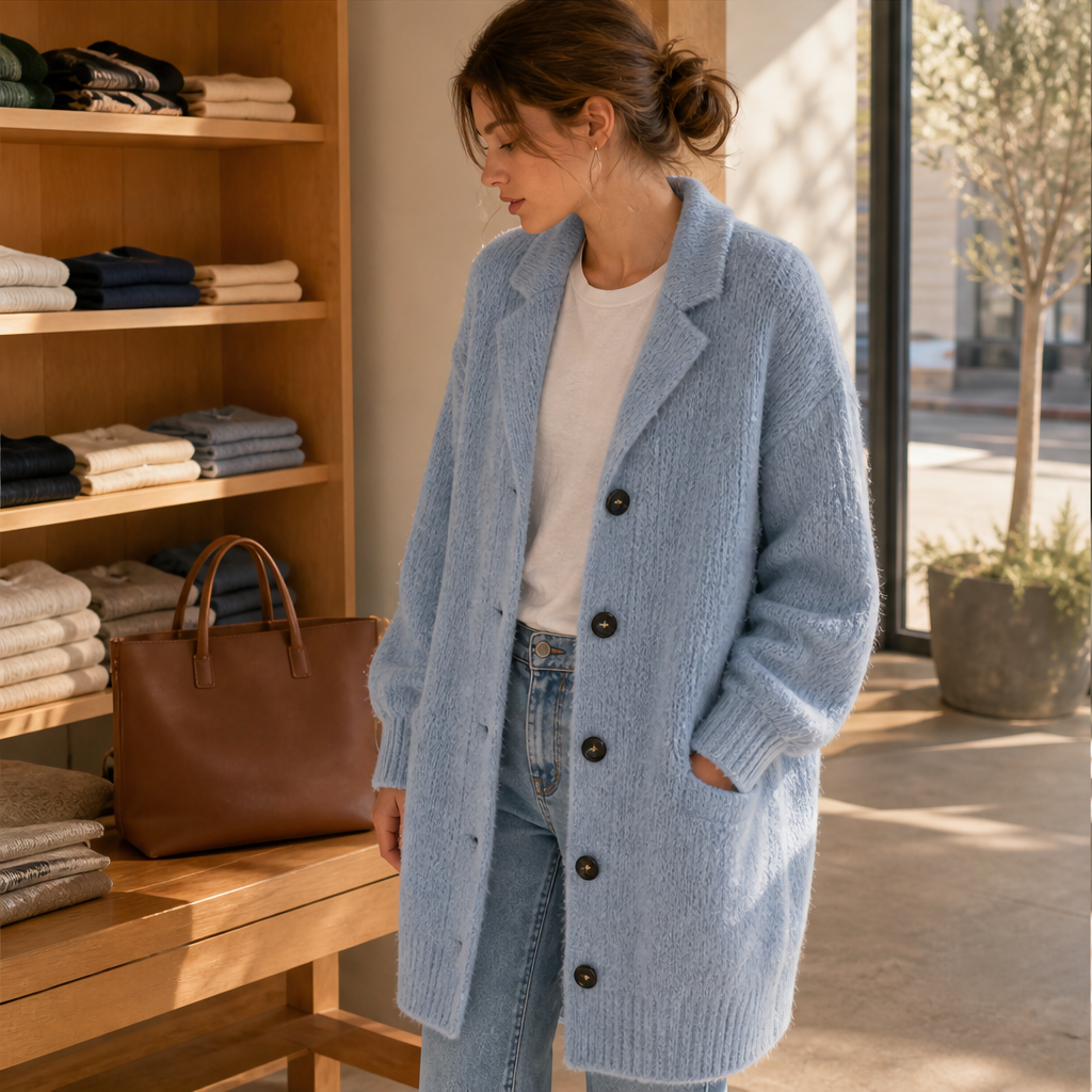 Ronja Damen Lange Oversize-Strickjacke mit Grobstrick und Knopfleiste