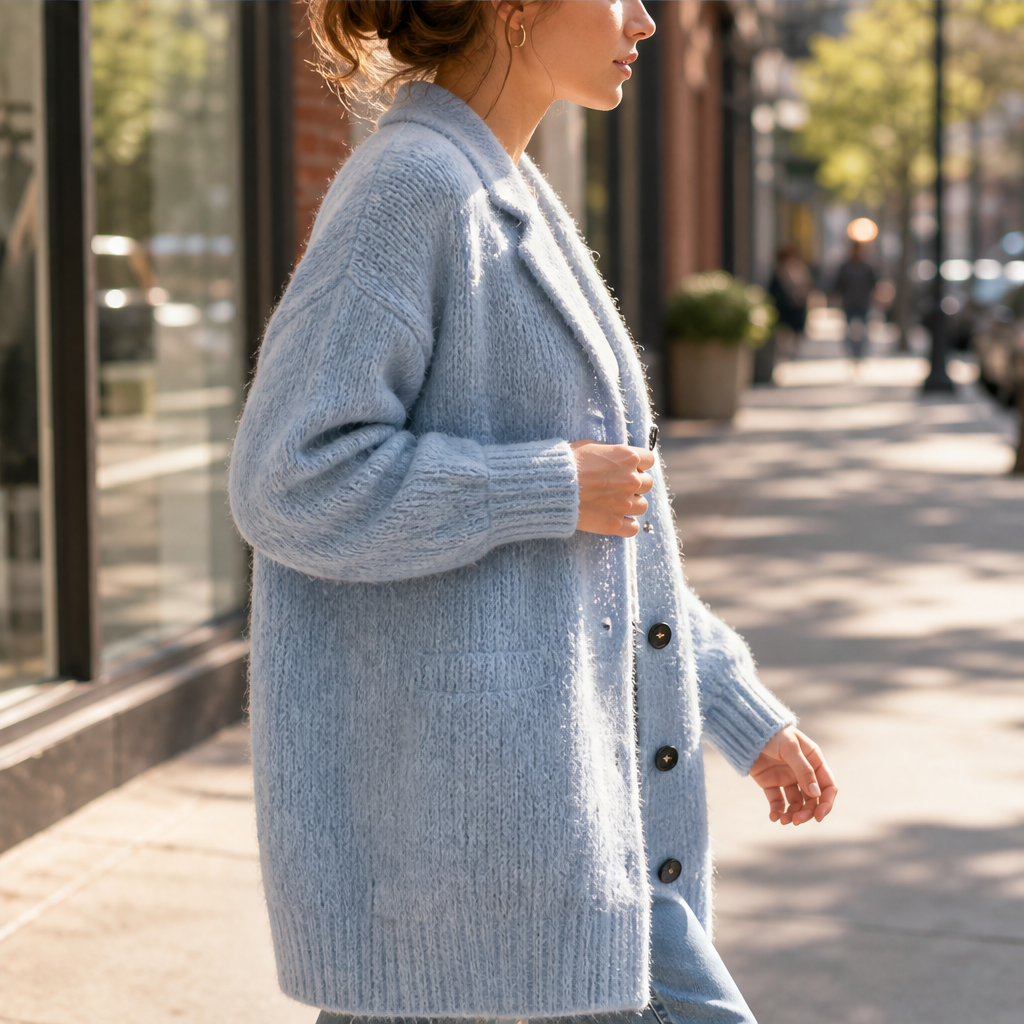 Ronja Damen Lange Oversize-Strickjacke mit Grobstrick und Knopfleiste