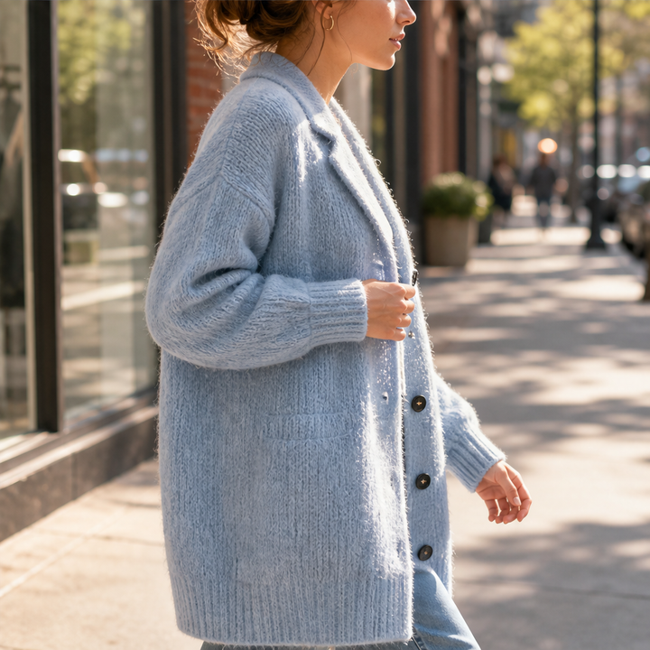Ronja Damen Lange Oversize-Strickjacke mit Grobstrick und Knopfleiste