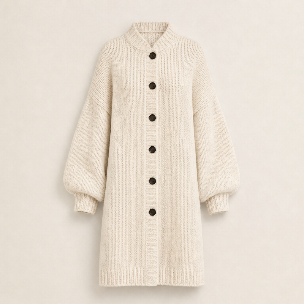 Ronja Damen Lange Oversize-Strickjacke mit Grobstrick und Knopfleiste in Beige