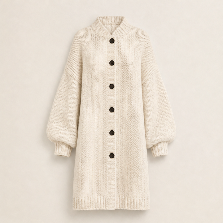 Ronja Damen Lange Oversize-Strickjacke mit Grobstrick und Knopfleiste in Beige