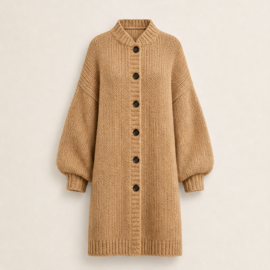 Ronja Damen Lange Oversize-Strickjacke mit Grobstrick und Knopfleiste in Camel