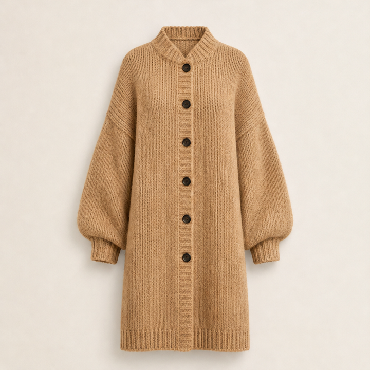 Ronja Damen Lange Oversize-Strickjacke mit Grobstrick und Knopfleiste in Camel