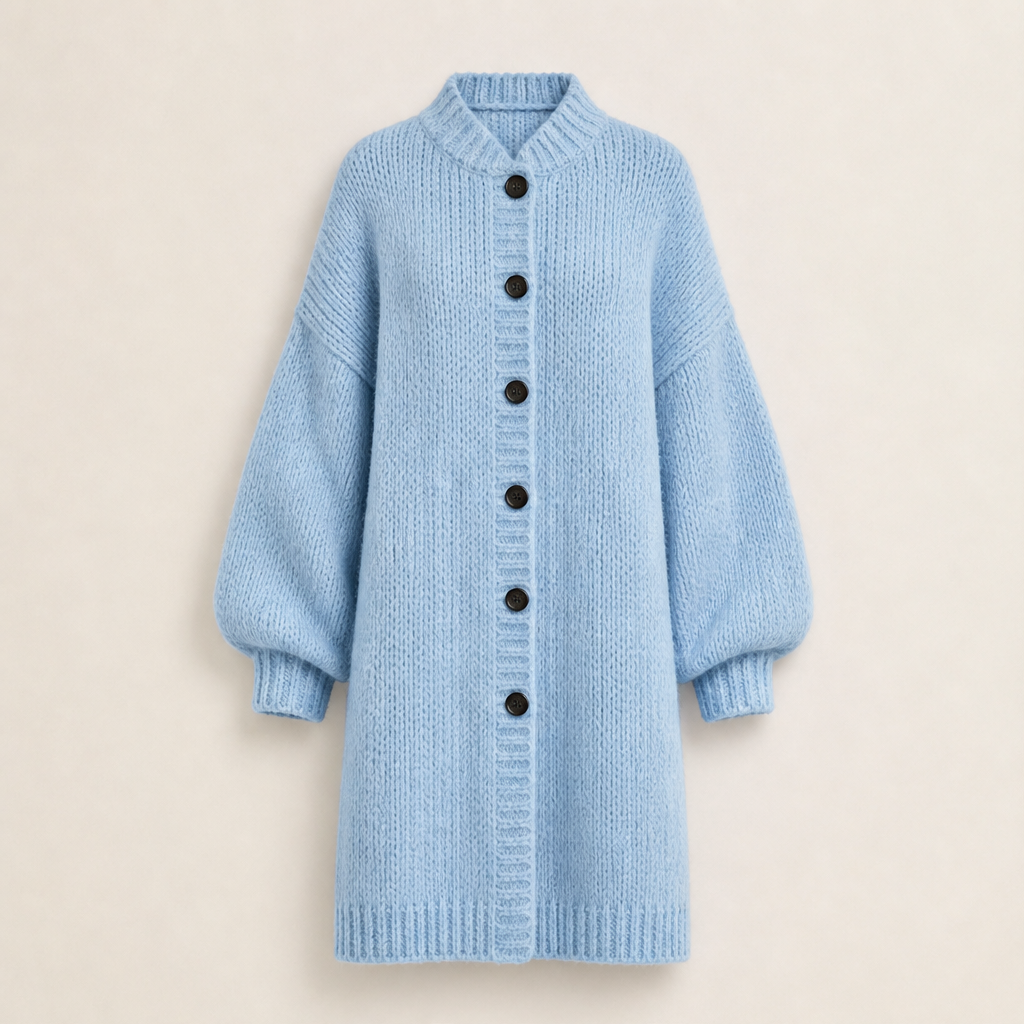 Ronja Damen Lange Oversize-Strickjacke mit Grobstrick und Knopfleiste in Hellblau