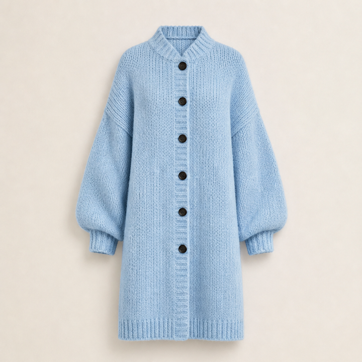 Ronja Damen Lange Oversize-Strickjacke mit Grobstrick und Knopfleiste in Hellblau