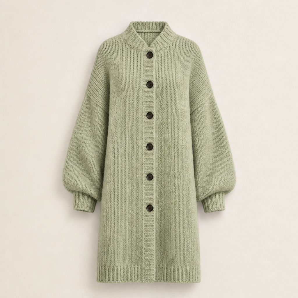 Ronja Damen Lange Oversize-Strickjacke mit Grobstrick und Knopfleiste in Salbeigrün