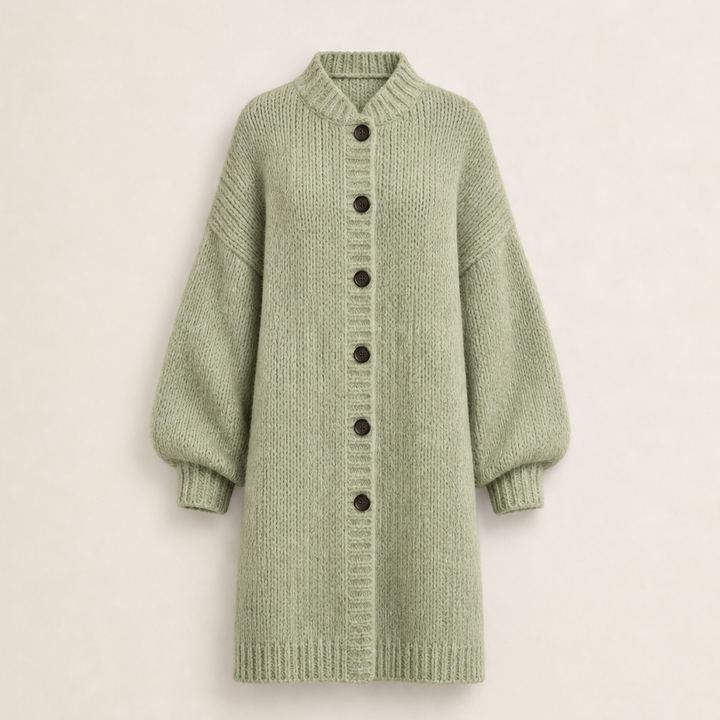 Ronja Damen Lange Oversize-Strickjacke mit Grobstrick und Knopfleiste in Salbeigrün