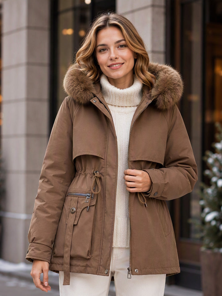 Ronja Damen wattierter Parka in mittlerer Länge mit Taillenzug und Druckknöpfen – Braun