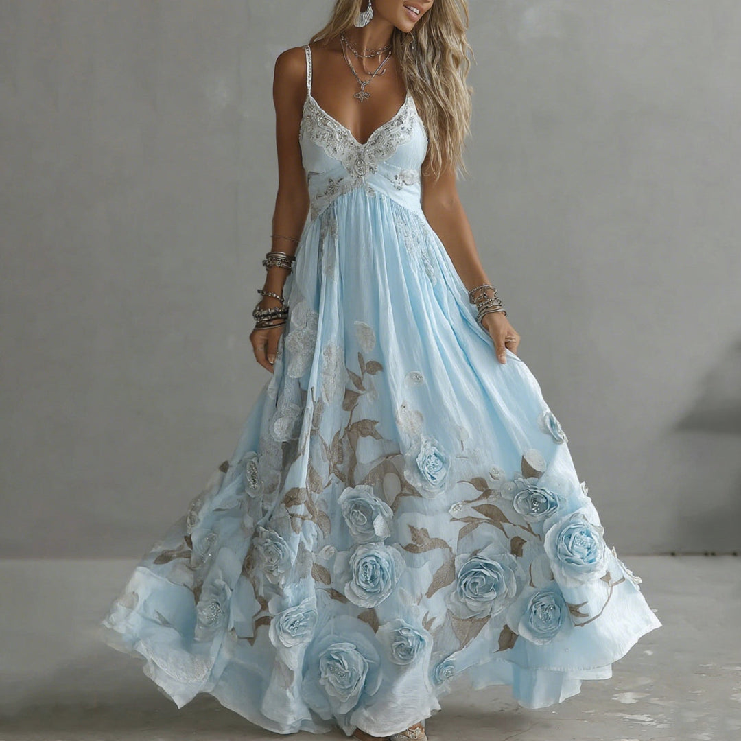 Rosalie Damen Maxikleid mit Rosenmotiven und Stickerei – Blau