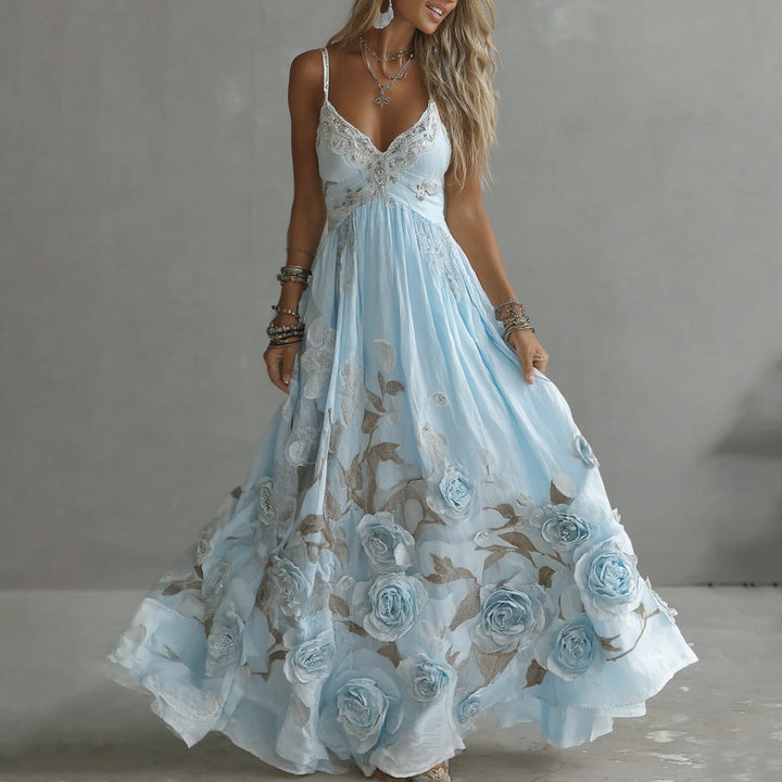 Rosalie Damen Maxikleid mit Rosenmotiven und Stickerei – Blau