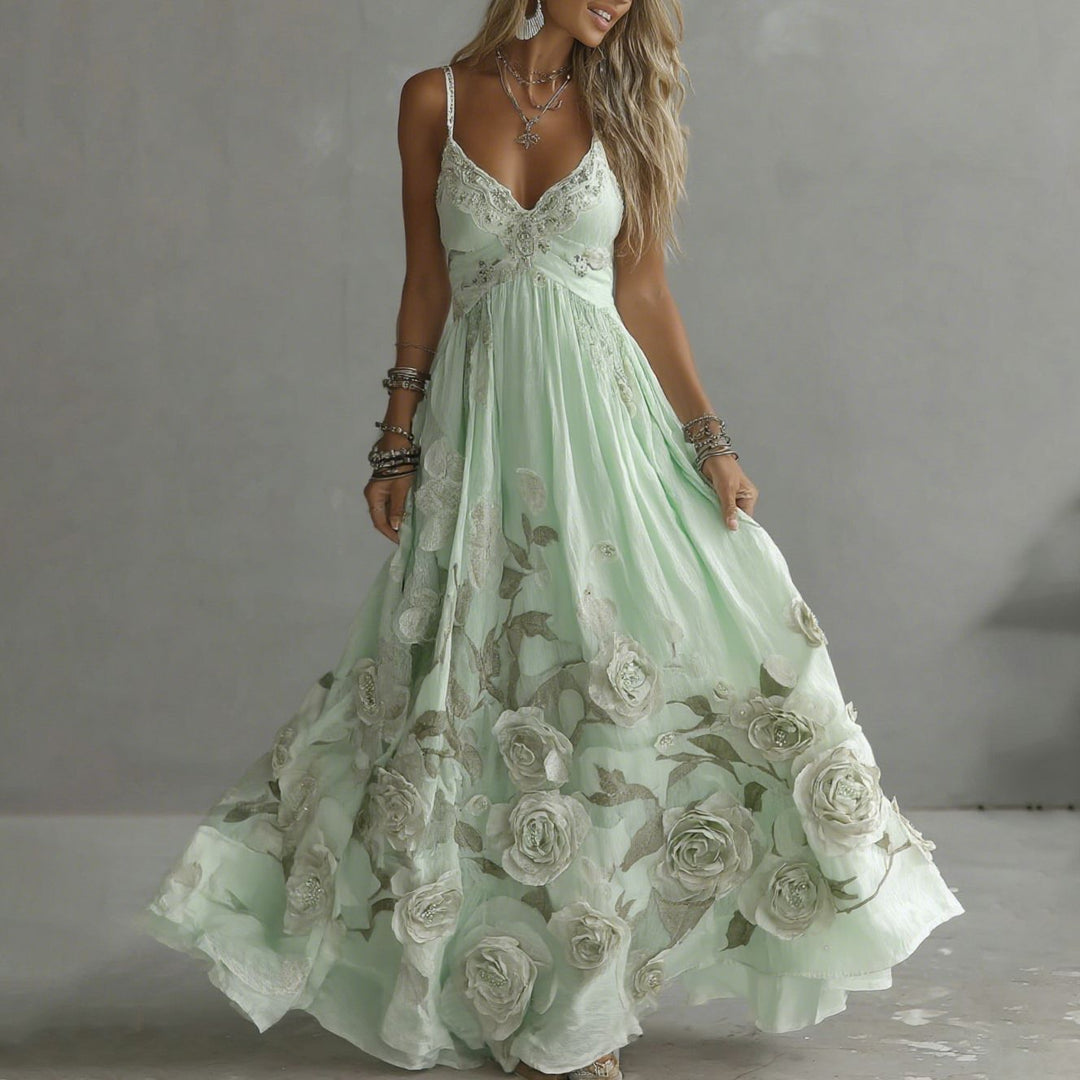 Rosalie Damen Maxikleid mit Rosenmotiven und Stickerei – Grün