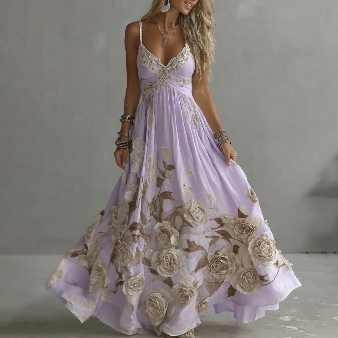 Rosalie Damen Maxikleid mit Rosenmotiven und Stickerei – Lila
