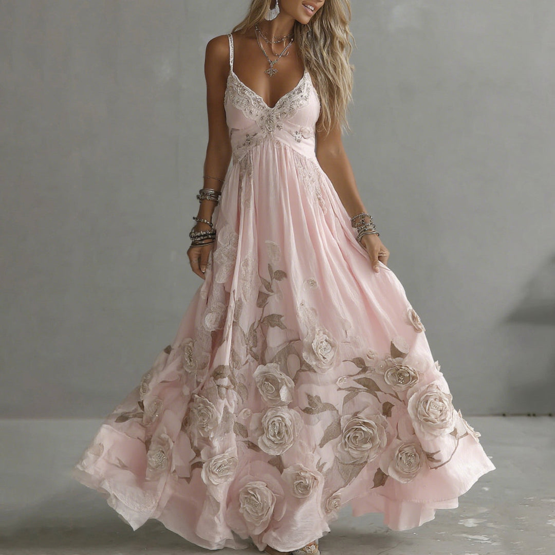 Rosalie Damen Maxikleid mit Rosenmotiven und Stickerei – Rosa