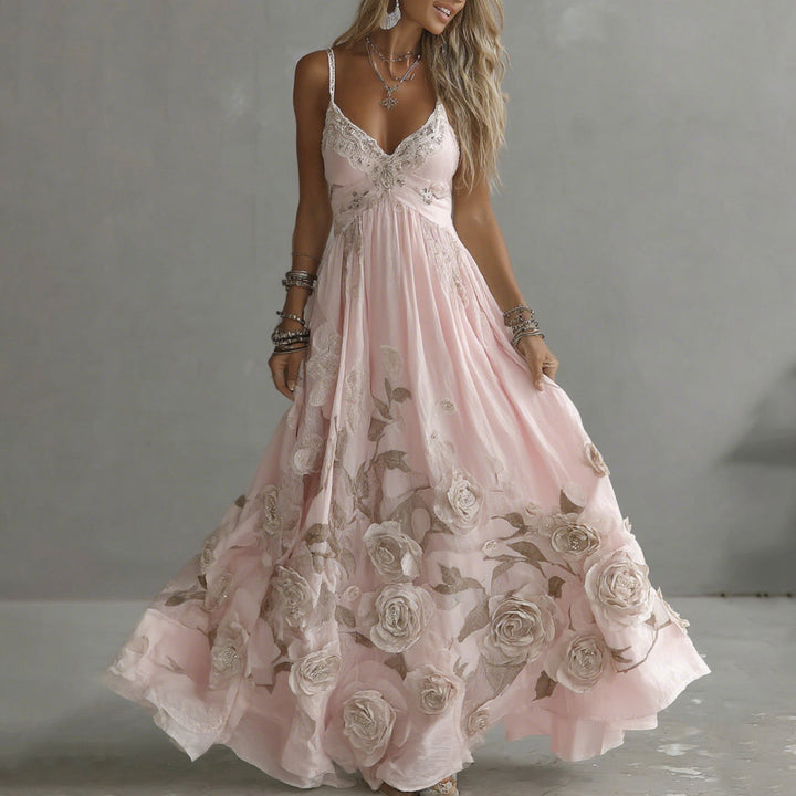 Rosalie Damen Maxikleid mit Rosenmotiven und Stickerei – Rosa