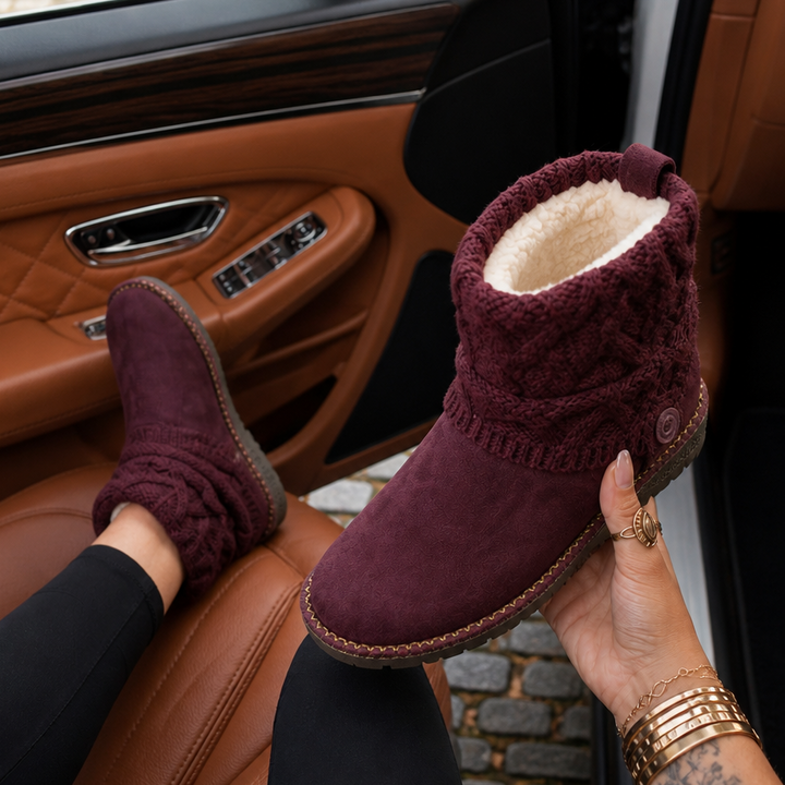 Damen Winterstiefel mit Strickstulpe und Schnallenriemen – Bordeaux