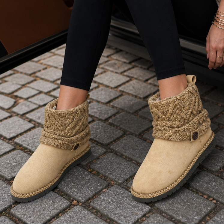 Damen Winterstiefel mit Strickstulpe und Schnallenriemen – Camel
