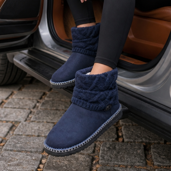 Damen Winterstiefel mit Strickstulpe und Schnallenriemen – Marineblau