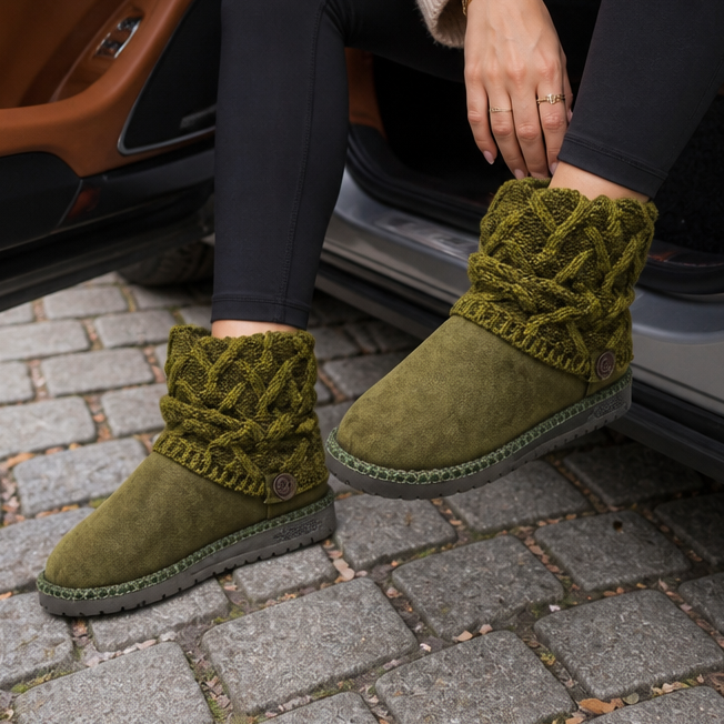 Damen Winterstiefel mit Strickstulpe und Schnallenriemen – Olivgrün